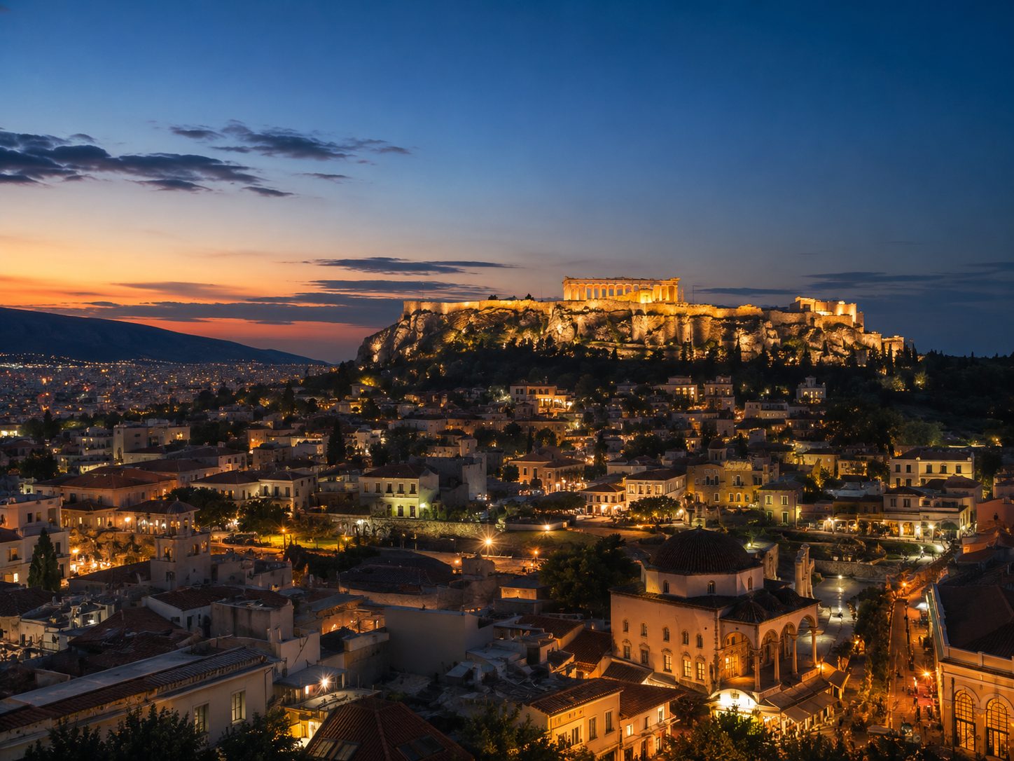 Athens cityscape at dusk with the illuminated Acropolis in the distance