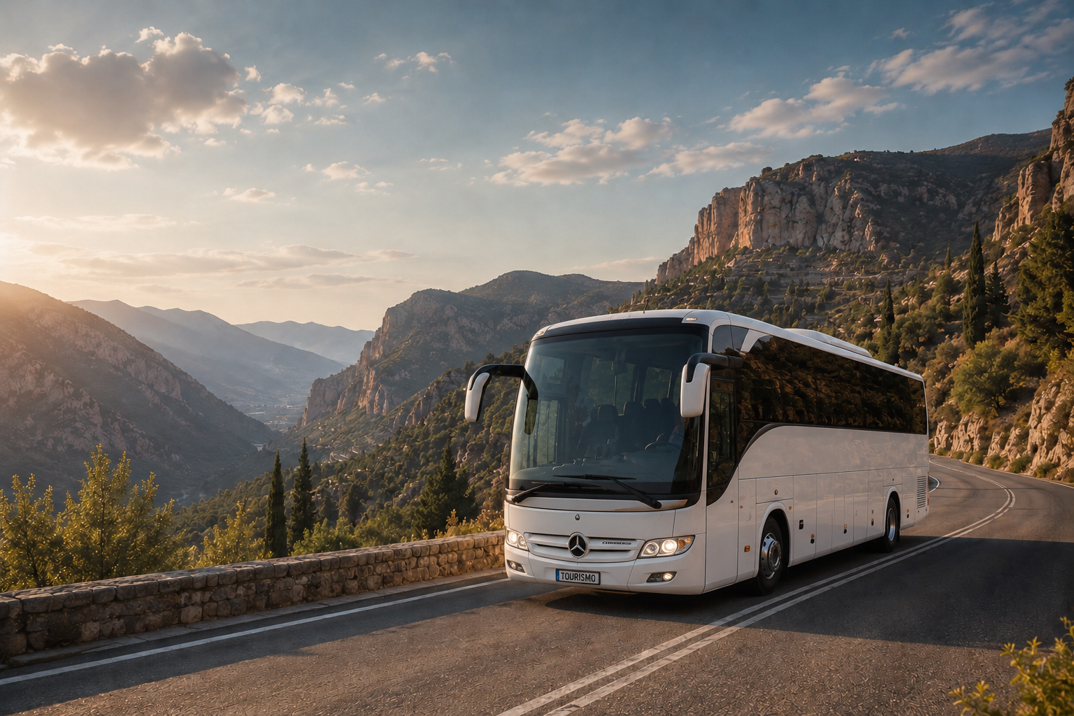Private coach on a scenic Greek mountain road