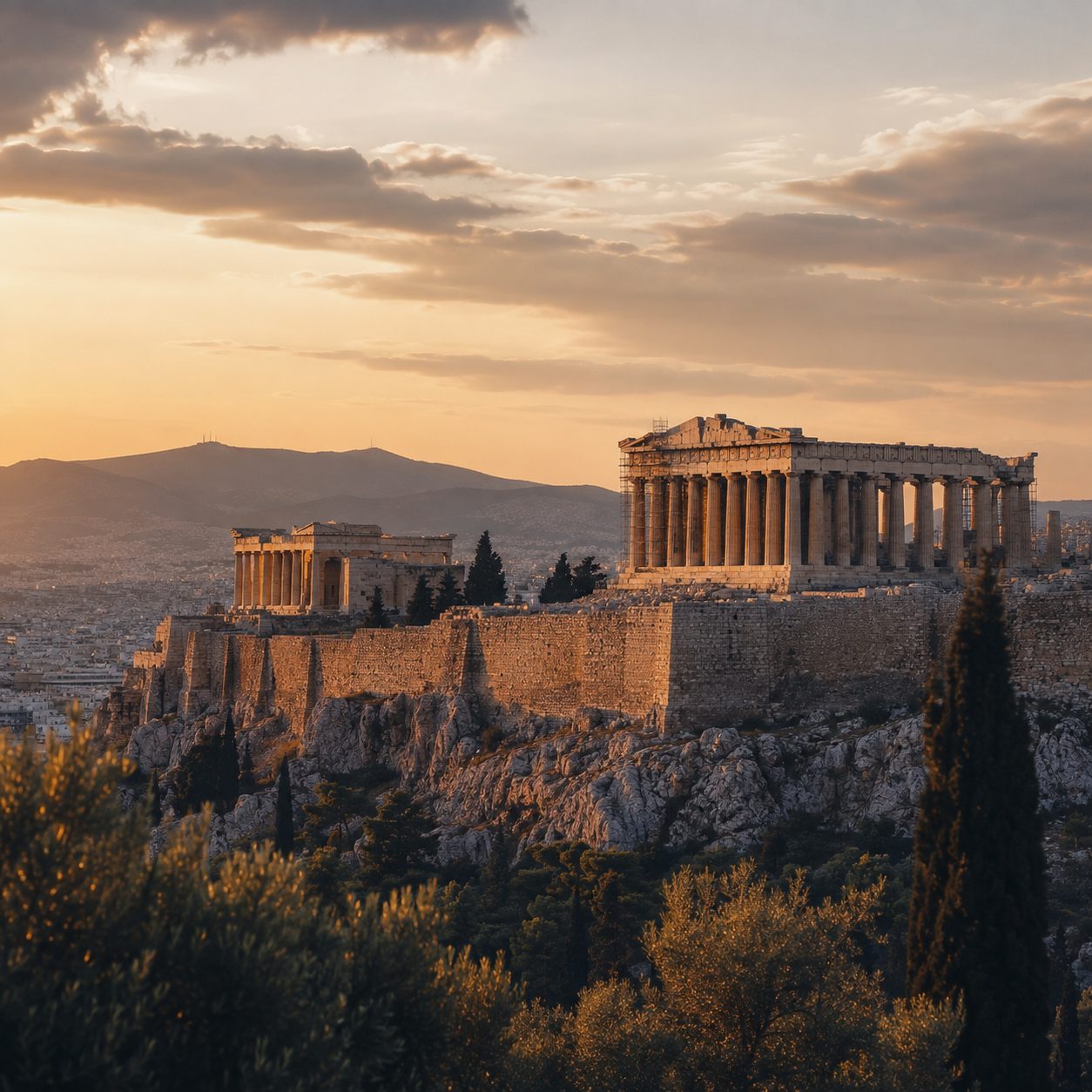 The Acropolis of Athens illuminated at sunset